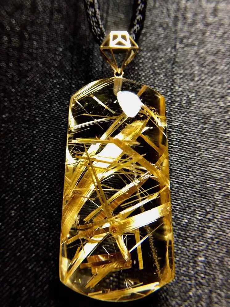 

Top Natural Gold Rutilated Quartz Pendant For Women Lady Man 18K Gold Wealth Crystal 32x16x10mm Beads Gemstone Jewelry AAAAAA