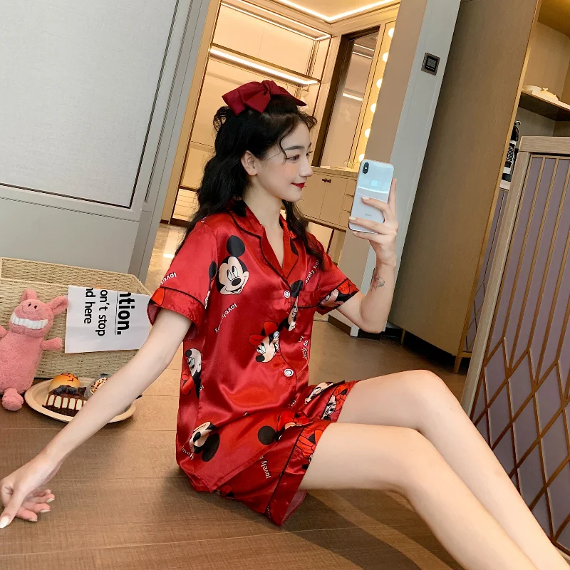 Disney Mickey Mouse Faux Silk Pajamas Set Women Summer Shirt and Shorts Satin Red Short Sleeve Casual Female Pijama Home Wear