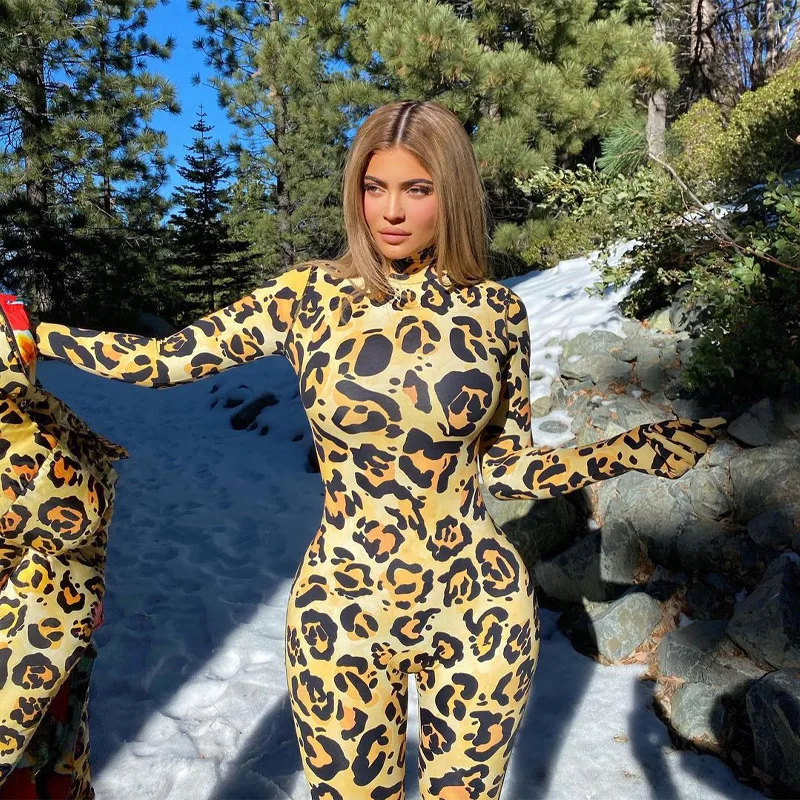 

2021 Leopard Print Bodycon Long Sleeve Rompers Women's Jumpsuits With Gloves Fashion Skinny Spring One Piece Streetwear Outfits