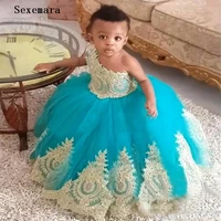 one shoulder lovely baby birthday party gowns gold lace appliques bow back toddler pageant gowns custom made princess dress