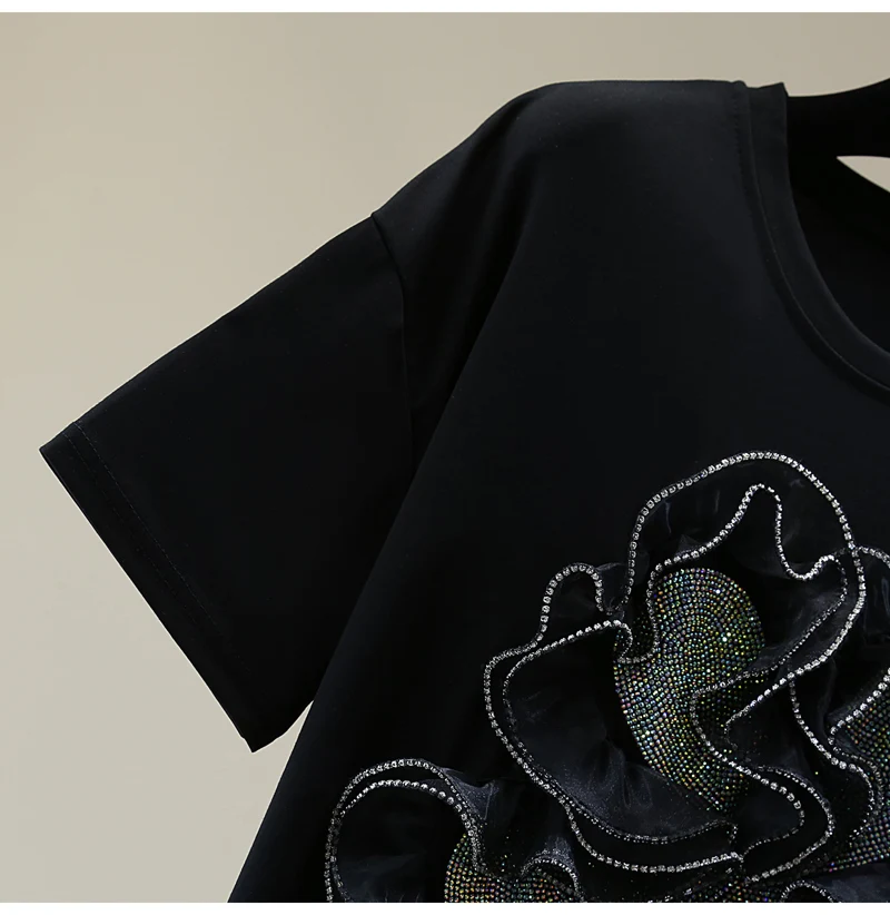 

2021 Summer Three-Dimensional Flower Tees Mid-Length Short Sleeve T-shirt Dress Straight Loose Korean Style Rhinestone Tops