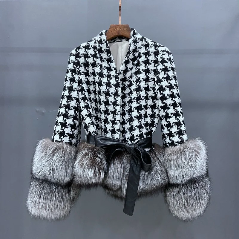 

SHZQ 2021 Sheep Wool Blends Women Winter Jacket with Genuine Sliver Fox Fur Trim Cuff Soft Stand Collar Coats Belt Slim Female C
