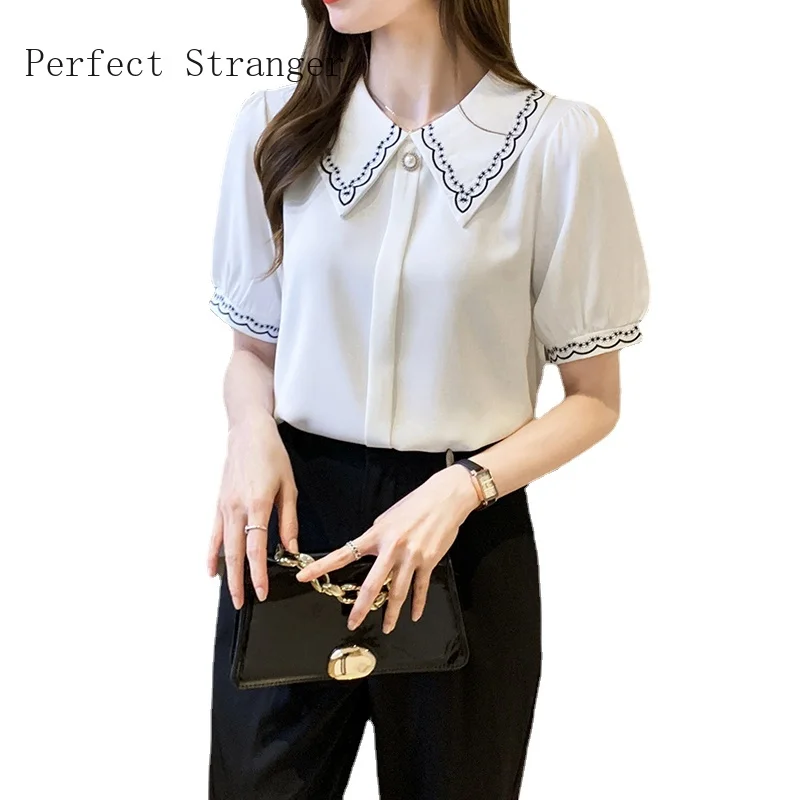 

2021 LeisureWomens Tops and Blouses Short Sleeve Shirts Women Peter Pan Collar Chiffon Women's Blouse Vintage Top Female
