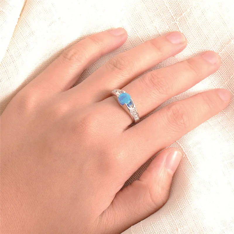 

6MM Round Blue Fire Opal Engagement Rings For Women Wedding Jewelry Silver Color White Stone Crystal Ring Luxury Bridal Jewelry