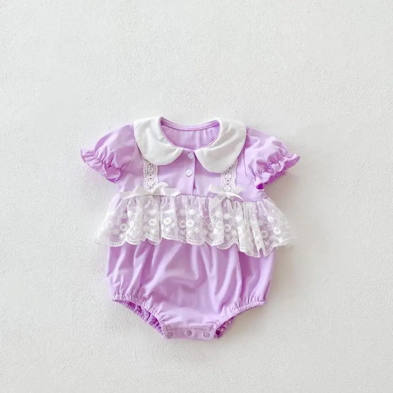 

2021 Fashion Toddler Baby Girl Lapel Cute Puff Sleeve Bodysuits Newborn Infant Lace Skirt Casual Princess Bodysuit
