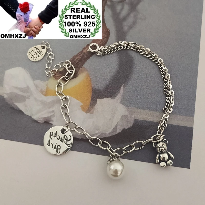 

OMHXZJ Wholesale HB82 European Fashion Woman Girl Birthday Party Gift Bear Pearl Round Charm 100% 925 Sterling Silver Bracelet