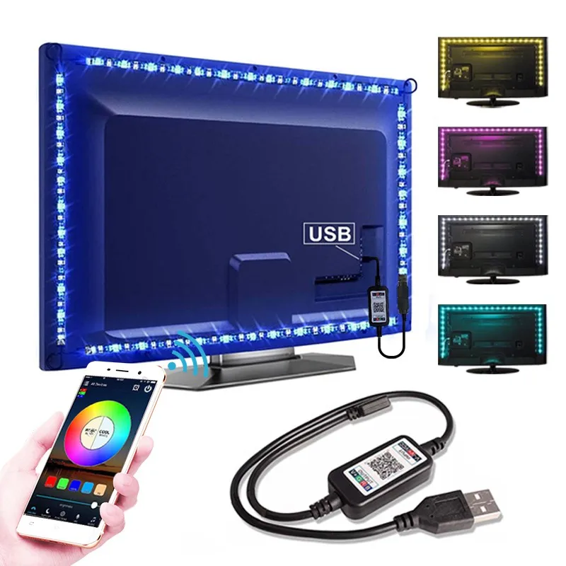 

Светодиодная лента RGB 5 в 5050 постоянного тока, гибкая декоративная подсветка для комнаты, телевизора, подсветка с беспроводным фотоконтролл...