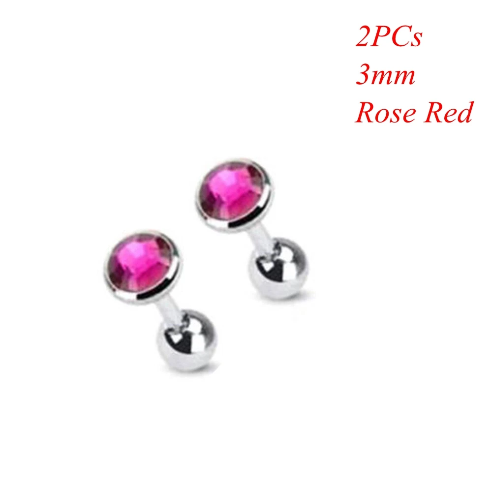 3mm rose red 2 шт хирургическая сталь драгоценный камень штанга ушной хрящ трагус спираль серьга-гвоздик для пирсинга Циркон многоцветные серьги гвоздики ювелирные аксессуары - Окраска металла: 3mm rose red