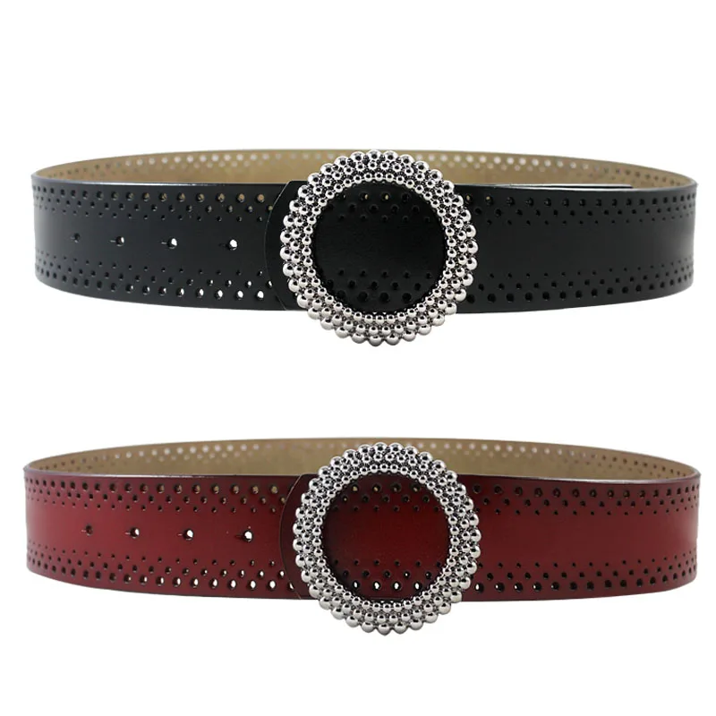 Fashion Women Vintage Hollow Genuine Leather Wide Belt Metal Beads Round Buckle Decorative Belts For Dress Waistband For Jeans