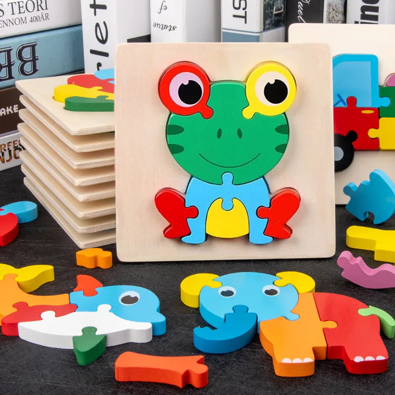 Educational Wooden 3D Cartoon Animal Puzzle Model Toys Baby Early Education Small Game Fancy Toy Color Frog Fish Elephant | Игрушки и