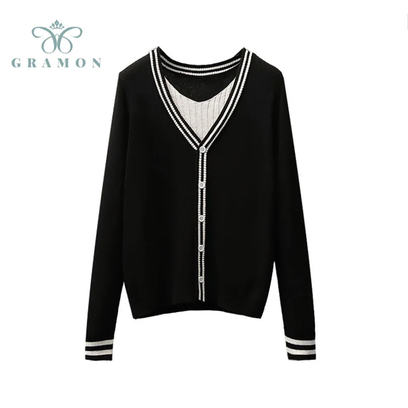 

New Chic Splicing Casual Oversized Sweaters Women's 2021 Autumn Winter Knitt Jumper Fashion Fake 2Piece Loose Knitwear Pullovers