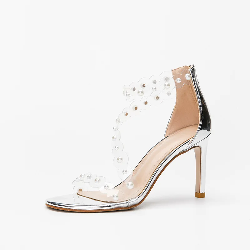

8cm New Fashion Transparent Pearl Crystal Open Toe Shoes High Heels Ankle Wrap Sandals for Women 38 39 40