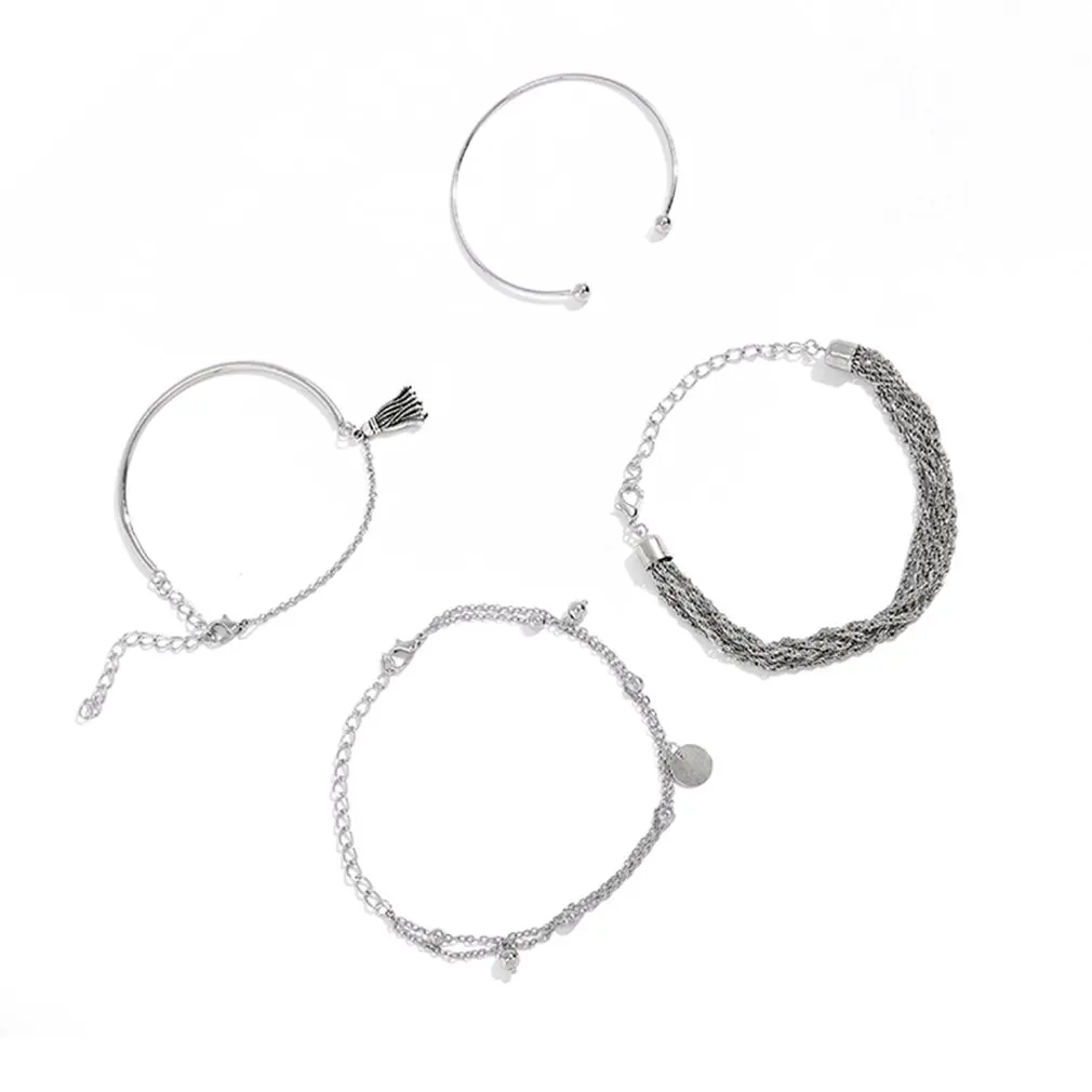 

4pcs / set Bohemian Geometric Multi Layer Chain Round Piece Bracelet Ethnic Tassel Layered Bracelet Women Jewelry Gifts