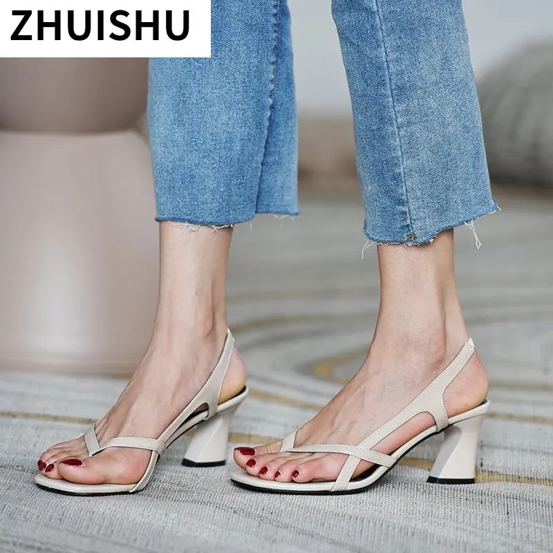 

Summer Women Sandals Vintage Square Toe 7cm High Heels Women Shoes Fashion Women V Shape Design Shoes Women's Beach Sandals