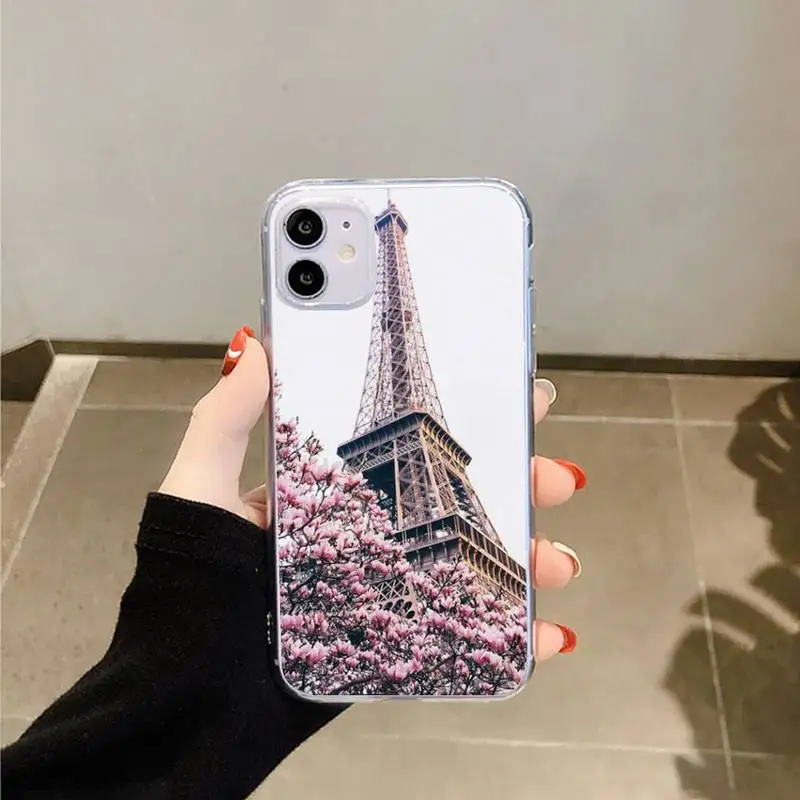 

Romantic Paris Eiffel Tower flower Phone Case Transparent for iPhone 6 7 8 11 12 s mini pro X XS XR MAX Plus