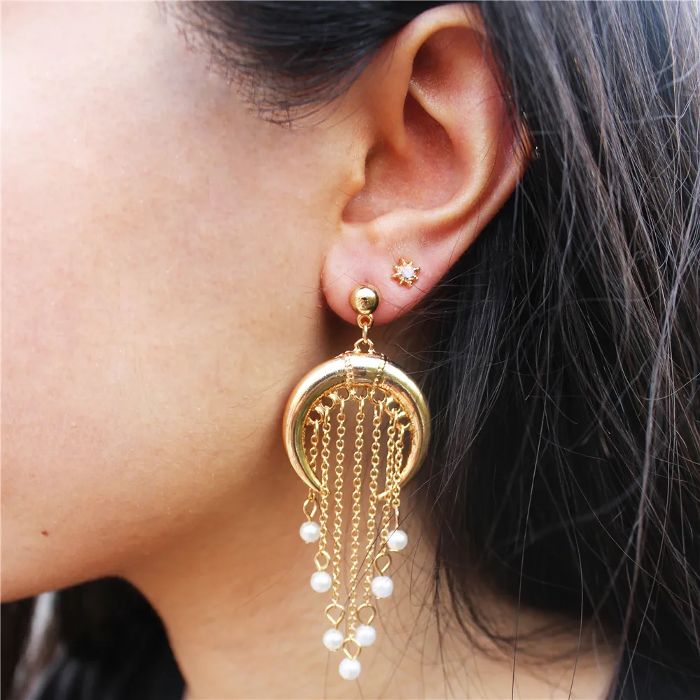 Золотой цвет богемы покрытие рог с цепь кисточкой заканчивая жемчужные серьги в