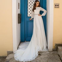 2020 new bohemian wedding dress robe de mariage custom made scoop long sleeve boho beach bridal gown with court train