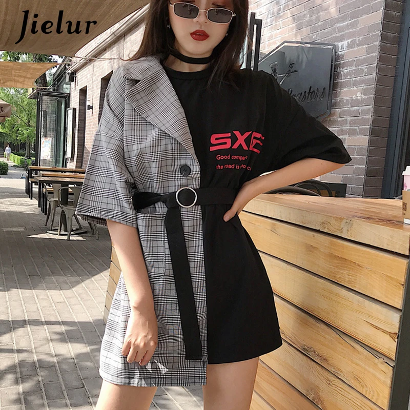 Jielur женские лоскутные футболки из двух частей с поясом новинка винтажная Высокая