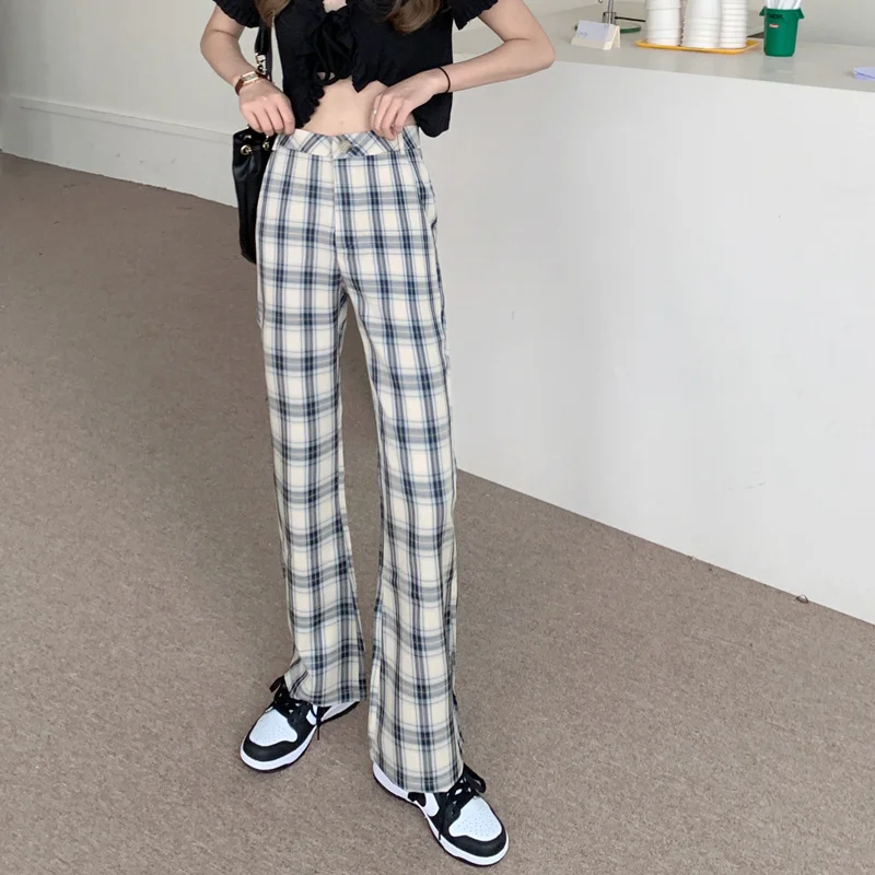 

Реальная съемка экономически эффективным штаны в клетку Для женщин весна и новые летние Высокая талия прямые волосы