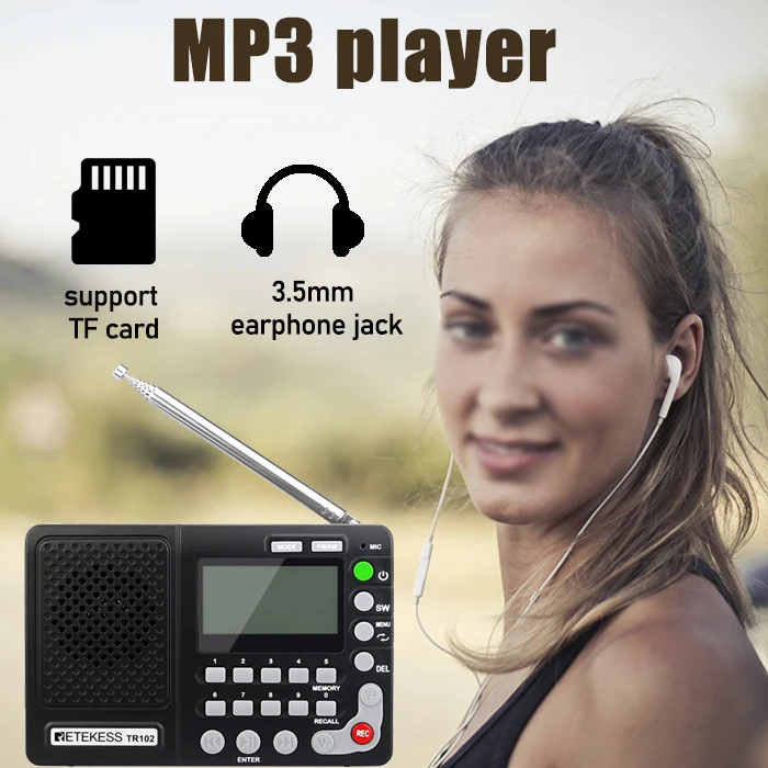 Retekess TR102 портативное радио FM/AM/SW приемник мирового диапазона MP3-плеер REC рекордер с таймером сна черный fm-радио рекордер