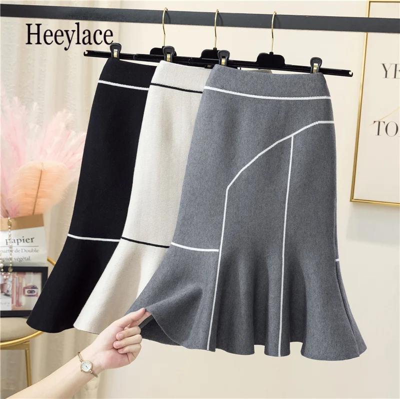 

2021 Autumn New Korean Knit Bag Hip Skirt Female Leisure Office Black Fishtail Skirts Ruffled High Waist Mermaid Skirts Womens