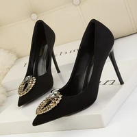 european and american sexy banquet womens shoes with metal stiletto heels and shallow pointy rhinestone buckle shoes
