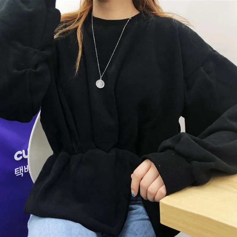 Пуловер с асимметричным подолом Женская толстовка модная Корейская рукавом
