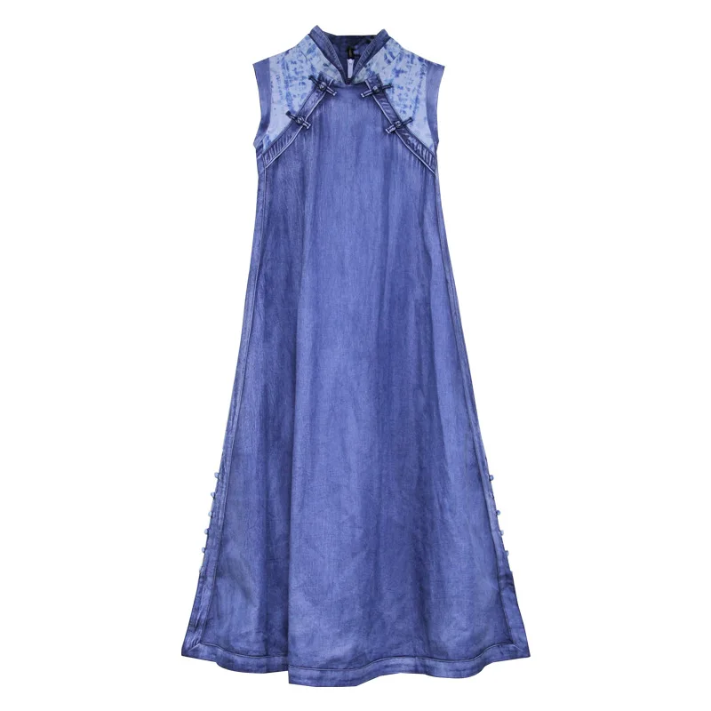 

2021 Women Summer Vintage Print Splice Denim Chinese Style Cheongsam Tank Dress Female Casual Lightweight Thin Jeans Vest Dress