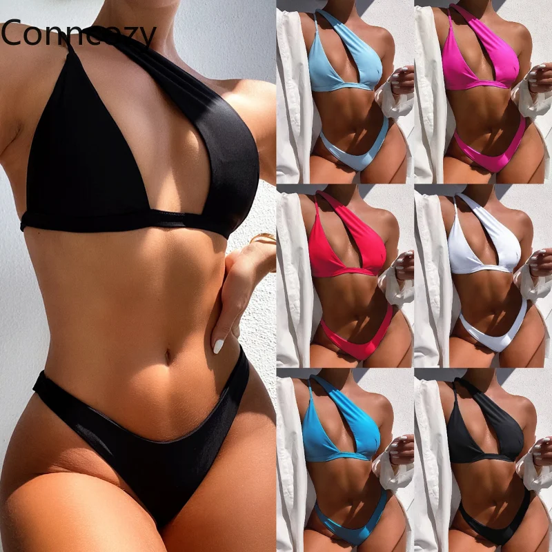 

2021 New Unilateral Solid Color Bikini Split Swimsuit Push Up Swimwear Sexy V Waist Bikini Set Women Beachwear Pool Bathing Suit