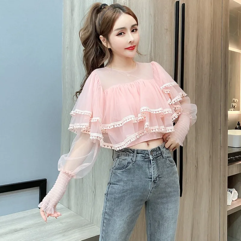 Новинка 2020 Женская шикарная милая блузка с рюшами короткий дизайн пышными