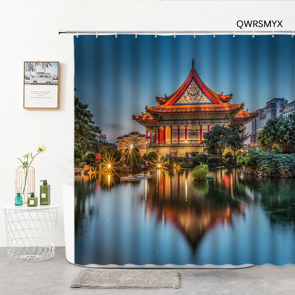 

Chinese Garden Scenery Shower Curtains Lakes Green Forest Pavilion Print Bathroom Curtain Fabric Home Decor Bathroom Products