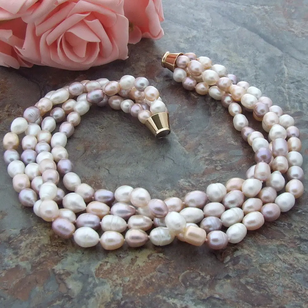 

8-9mm multi color rice freshwater Pearl 4strds Necklace