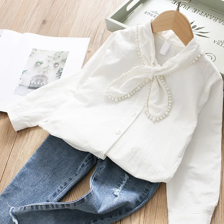 Весна 2020 новая рубашка с жемчужным воротником для девочек простая детская блузка