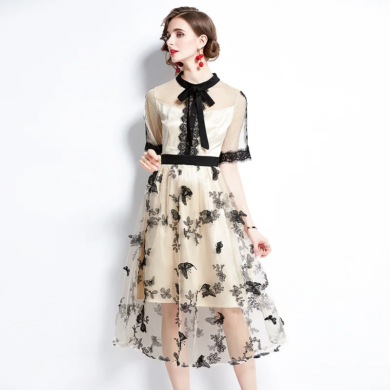 

Women Autumn Dresses A-LINE Office Lady Printing Mid-Calf Women Elegant Dresses O-Neck Party Night Lace 2021 New Women Dresses