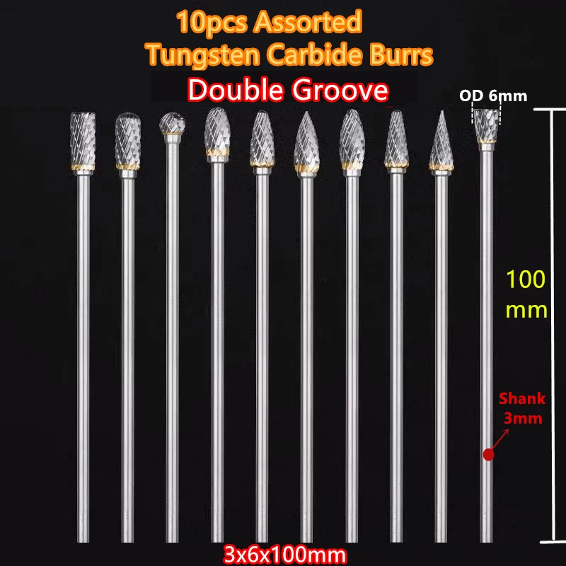 10 шт. в ассортименте, 3x6x100 мм, удлиненные буры из карбида вольфрама для шлифовальной машины dremel