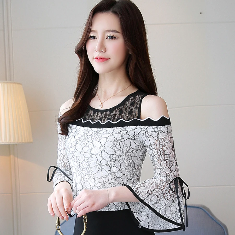 Женская шифоновая блузка с цветочным принтом белая кружевная вырезами в