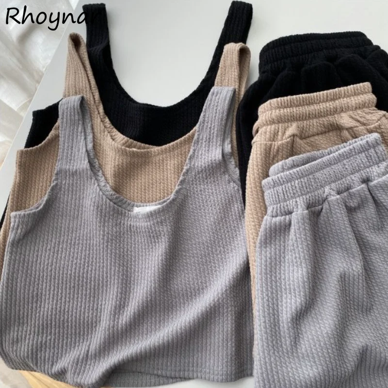 

Sets Women Harajuku Simple Solid Camisole Crop Tops Sexy Sleeveless Summer Wide Leg Shorts Fashion Jacquard Casual All-match