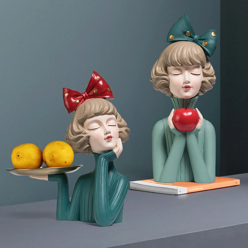 

Cute Resin Modern Girl Statue Home Furnishing Crafts Decoration Cafe Room Table Figurines Wedding Gift Storage Plate Accessories