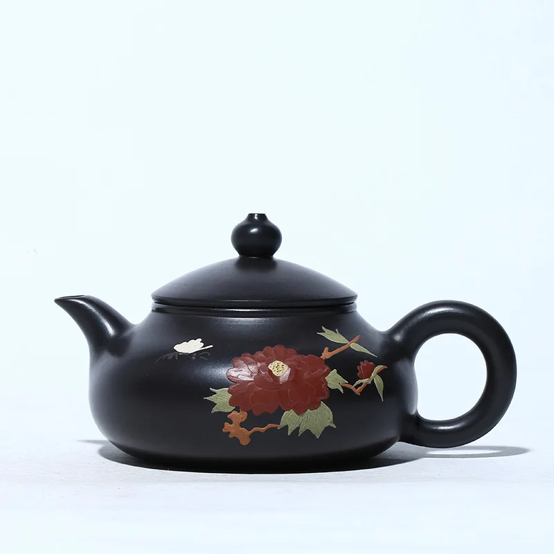 

Yixing Famous Manual Teapot Raw Ore Black Mud Peony Deficient Flat Dark-red Enameled Pottery Teapot Suit Tea Set Gift