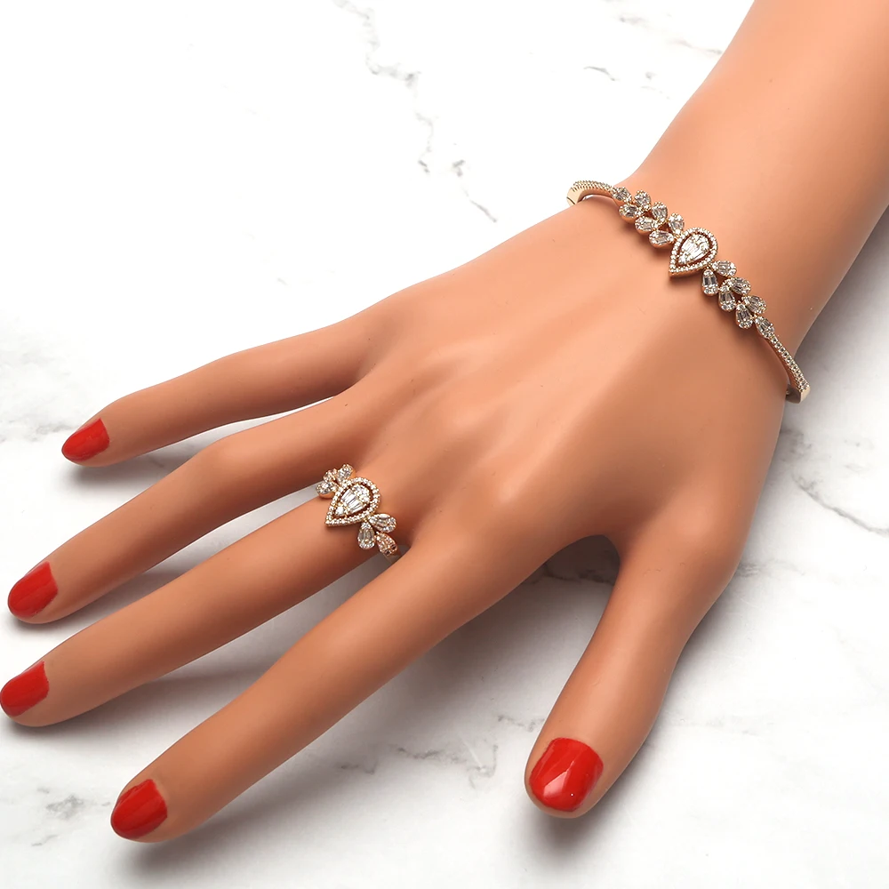 

New Arrival Luxury Elegant Crystal Women Finger Ring Bracelet Cubic Zircon Bangle Bridal Accessories Trendy Jewelry Resizable