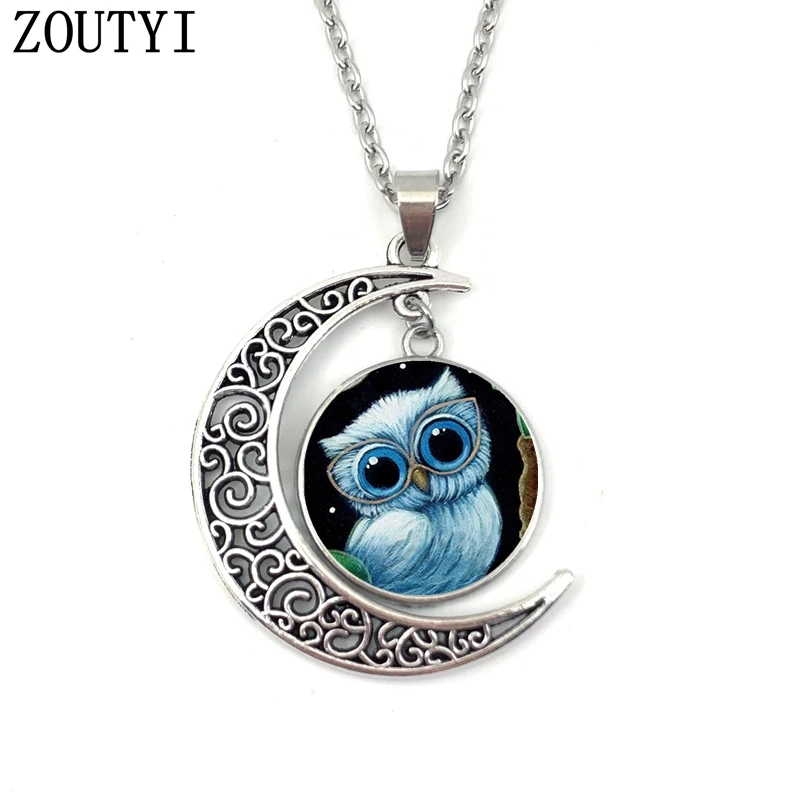 2019/Charming cute owl art moon convex crystal pendant necklace men's and women's necklaces gifts. | Украшения и
