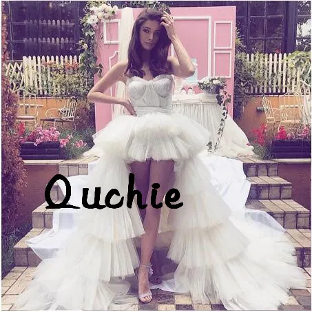 

High Low Beach Tiered Wedding Dresses Applique Court Train Strapless Saudi Arabic Bridal Gown Formal Vestidos de Noivas Custom