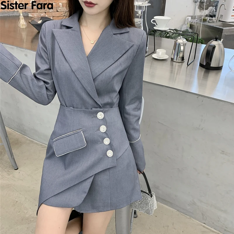 Sister Fara Spring 2021 Double Breasted Blazers Coat Women Set+High Waist Asymmetrical Mini Short Skirt Office Lady 2 Pieces Set