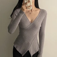 2021 autumn and winter knitted bottoming shirt womens v neck low neck crossover tops are thin and thin sweaters