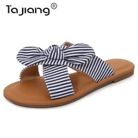 ta jiang new 2021 womens summer flat striped sandals open toe 40 43 bow outdoor slippers slipper