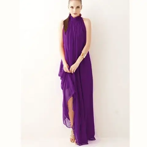 

2021 New Large Size Women 's Dress Hanging Neck Collar Chiffon Solid Color Dress