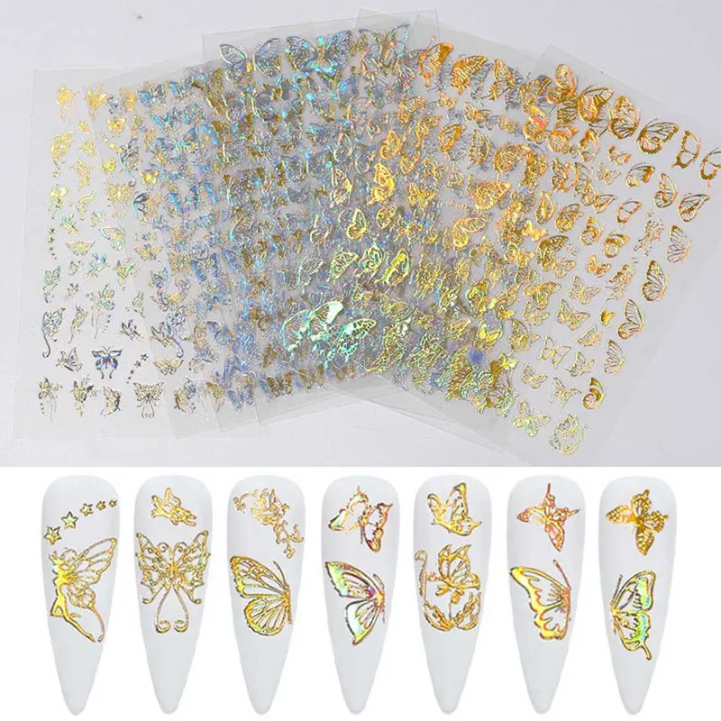 

Holographics 3D Nail Stickers Butterfly Hollowing Design Transfer Sticker Laser Gold Silver Adhensive Decal Nail Art Decoration