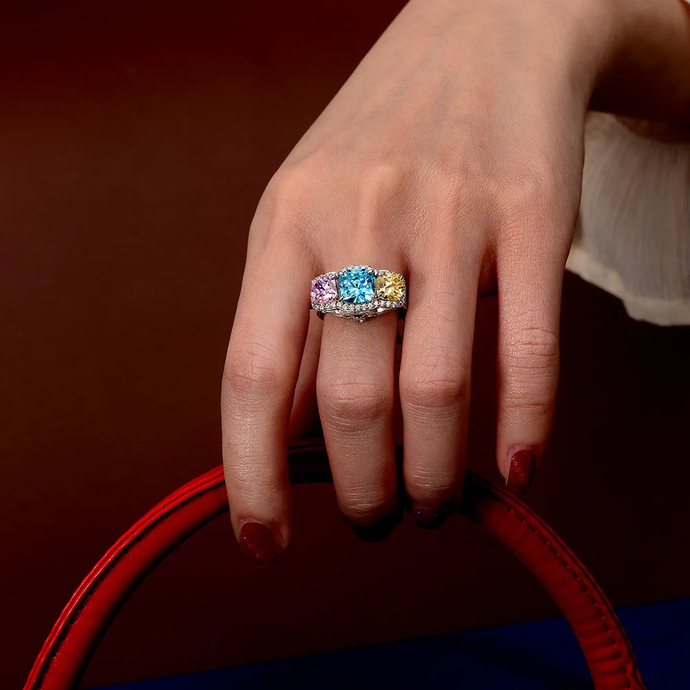 

Luxury Female Blue Yellow Rainbow Ring 100% Real 925 Sterling Silver Wedding Rings For Women Promise Love Engagement Ring
