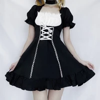 japanese lolita goth dress women lace up punk dark academia aesthetic mini dresses black kawaii gothic cute girl clothes summer