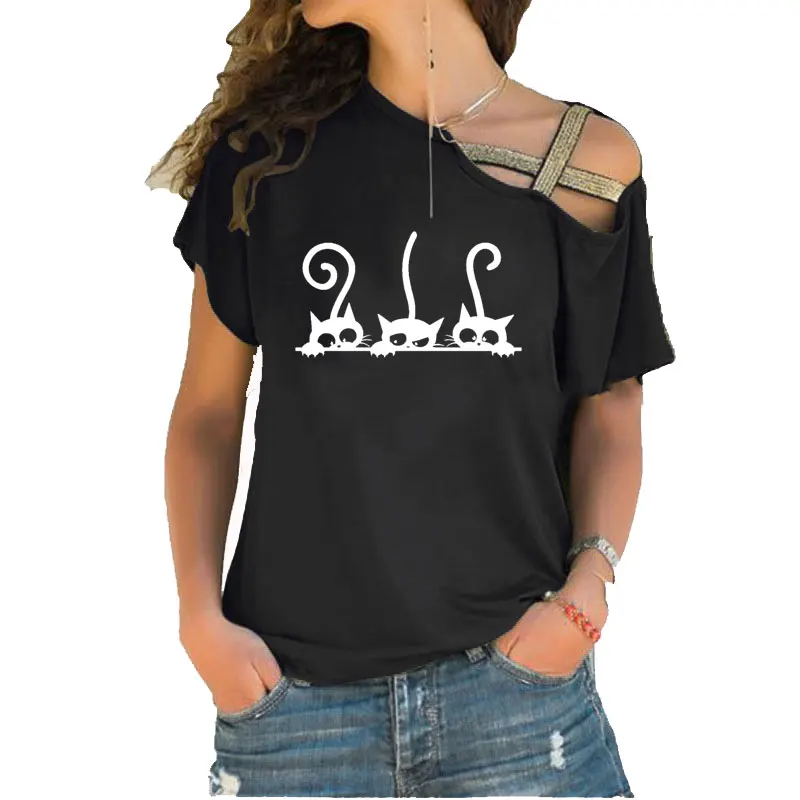 

lovely Cats Family print Summer Women tshirt Cotton Summer Short Sleeve Irregular Skew Cross Bandage T shirt